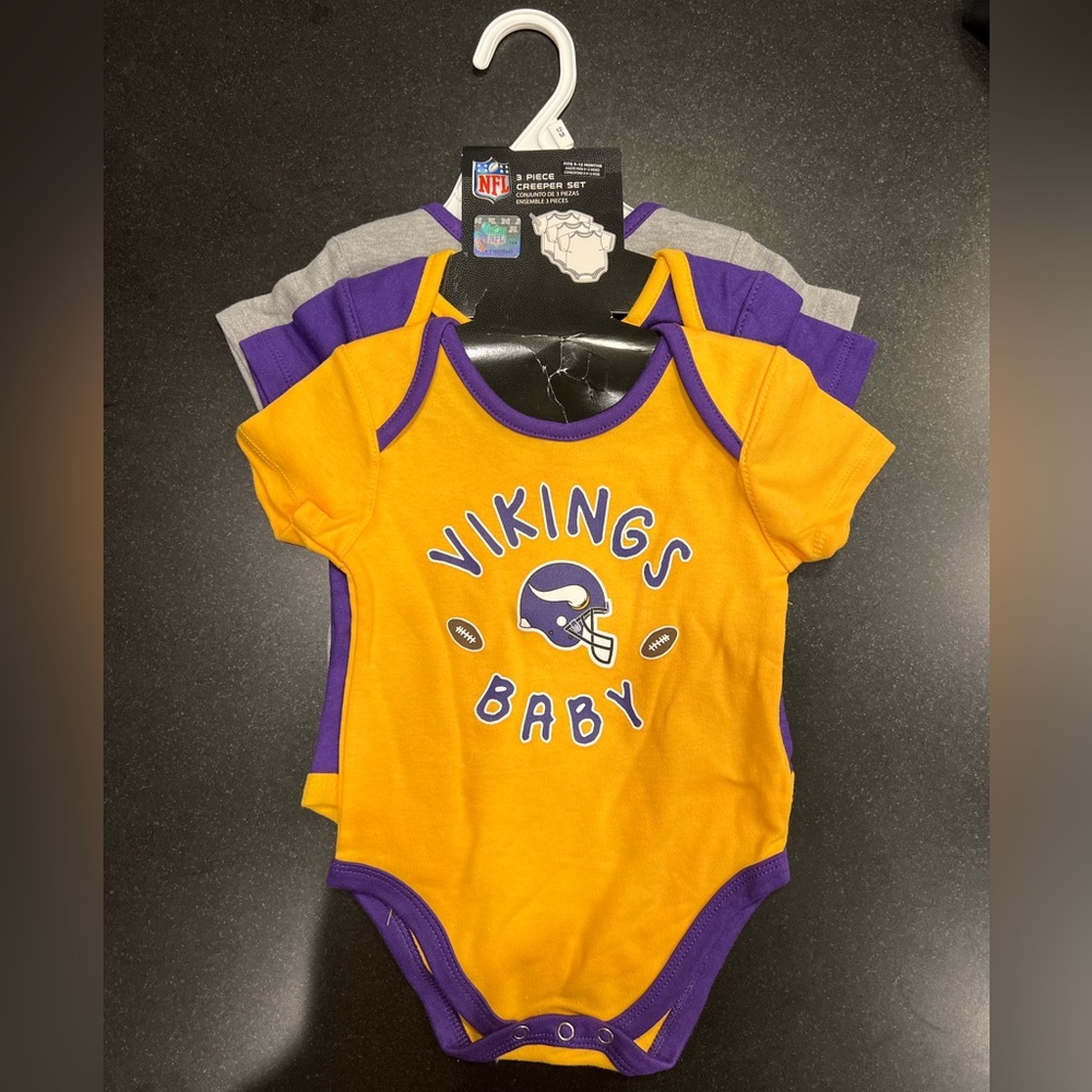 Minnesota Vikings 3 Piece Onesie Set— Size 12 Months